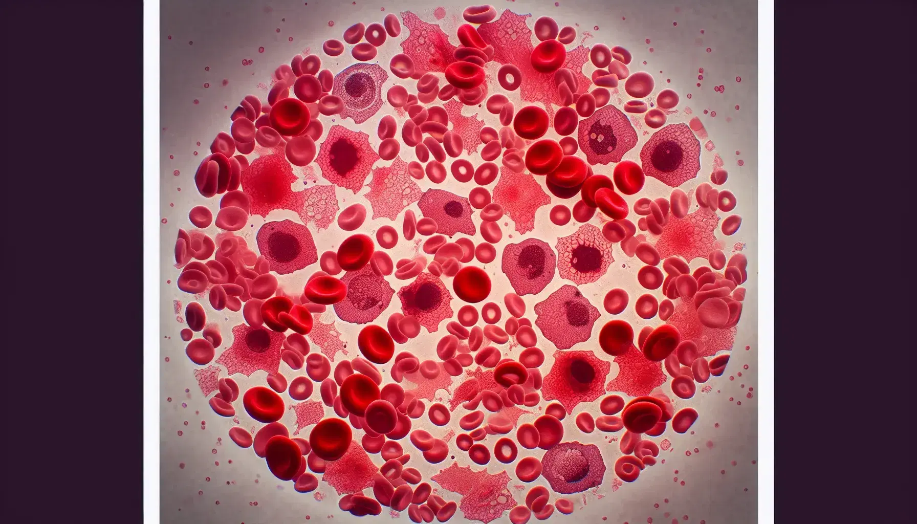 Micrografía electrónica a color de glóbulos rojos con forma biconcava y variaciones de rojo, algunos con bordes irregulares, sobre fondo gris neutro.