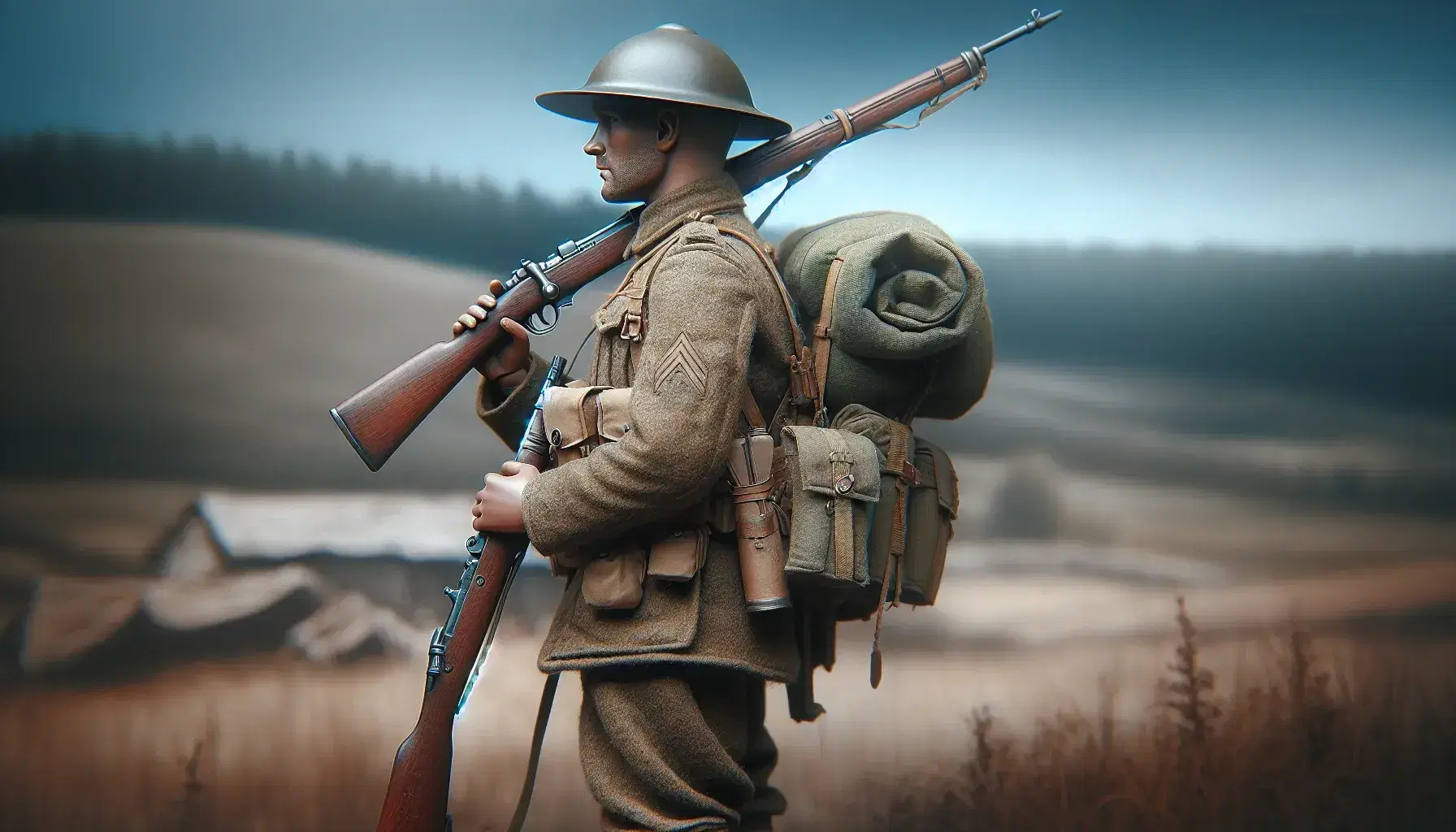 WWI American infantry soldier in olive drab uniform with campaign hat, holding a Springfield M1903 rifle, against a backdrop of European rolling hills.