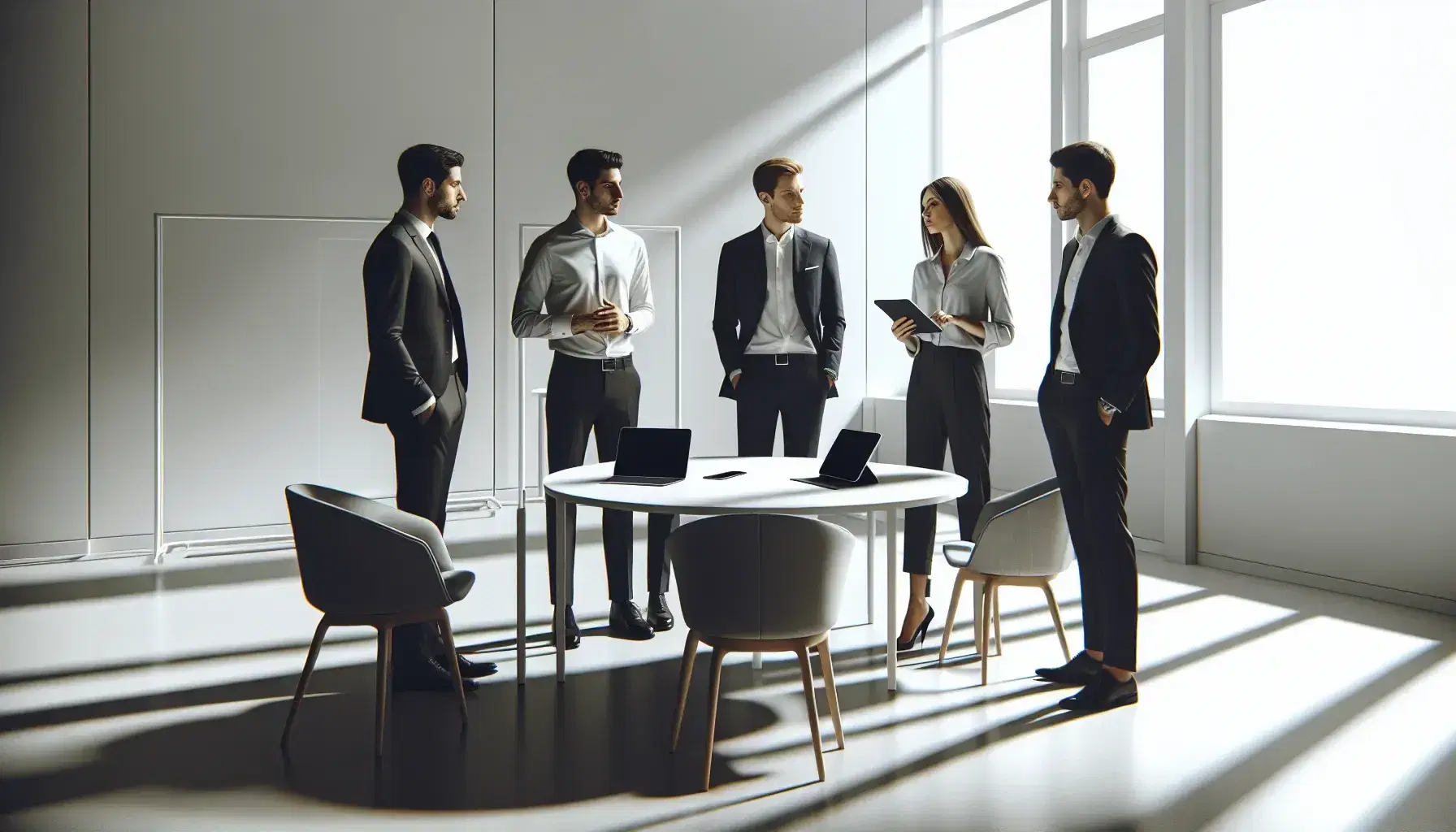 Grupo de cinco profesionales en reunión de trabajo alrededor de una mesa redonda con tabletas digitales y un smartphone en una oficina iluminada naturalmente.