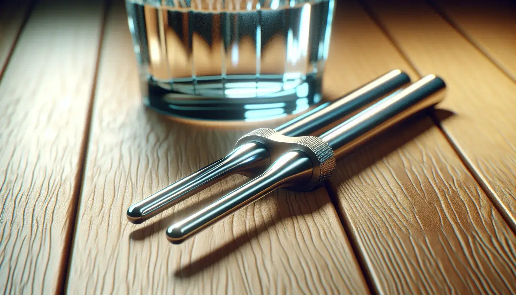 Close-up of a shiny steel tuning fork on a wooden table with a glass of rippling water in the background, reflecting soft light.
