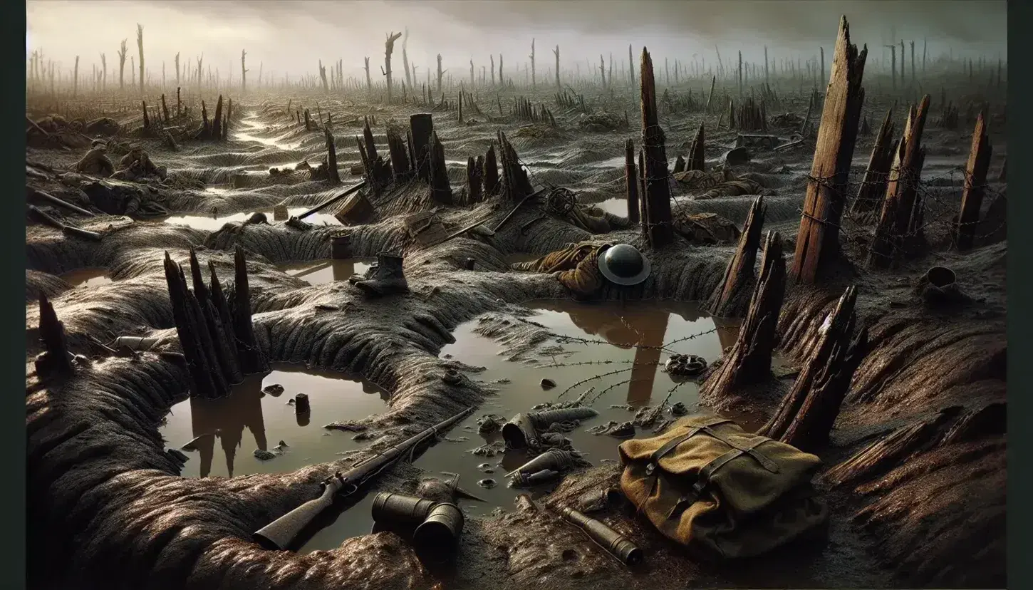 Desolate WWI battlefield with muddy shell craters, scattered barbed wire, abandoned military gear, and shattered trees against a gray sky.