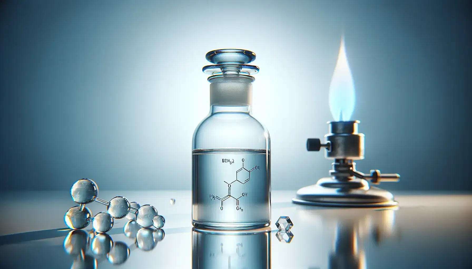 Glass vial with transparent benzene liquid on a reflective surface, lit Bunsen burner and hexagonal crystals representing the molecular structure.
