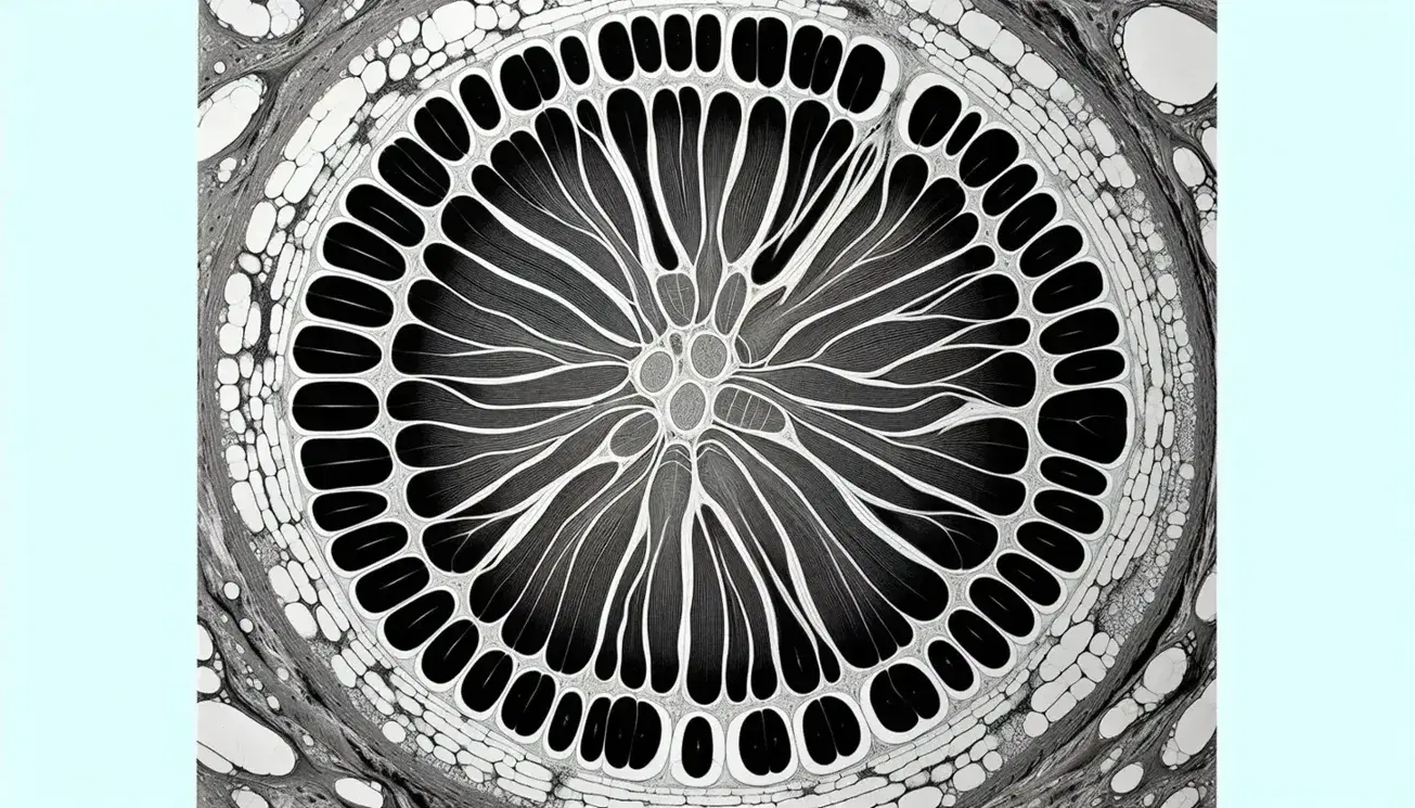Sezione trasversale microscopica di muscolo scheletrico che mostra filamenti circolari con striature e tessuto connettivo.