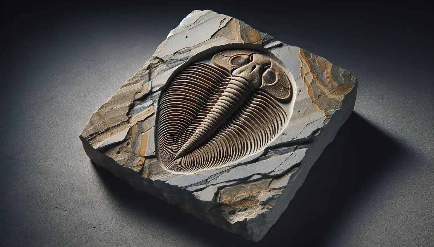 Fossile di trilobite ben conservato con testa semicircolare e coda a ventaglio su lastra di roccia sedimentaria stratificata grigia.
