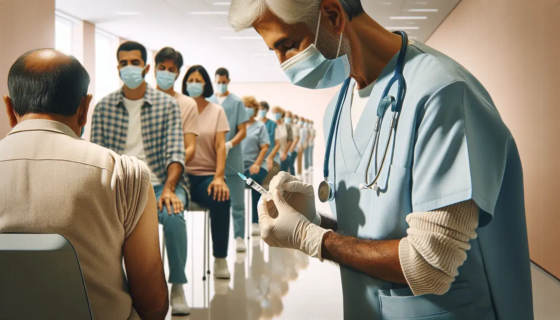 Healthcare worker in blue uniform administers vaccine to seated middle-aged person, with diverse queue in well-lit clinic.