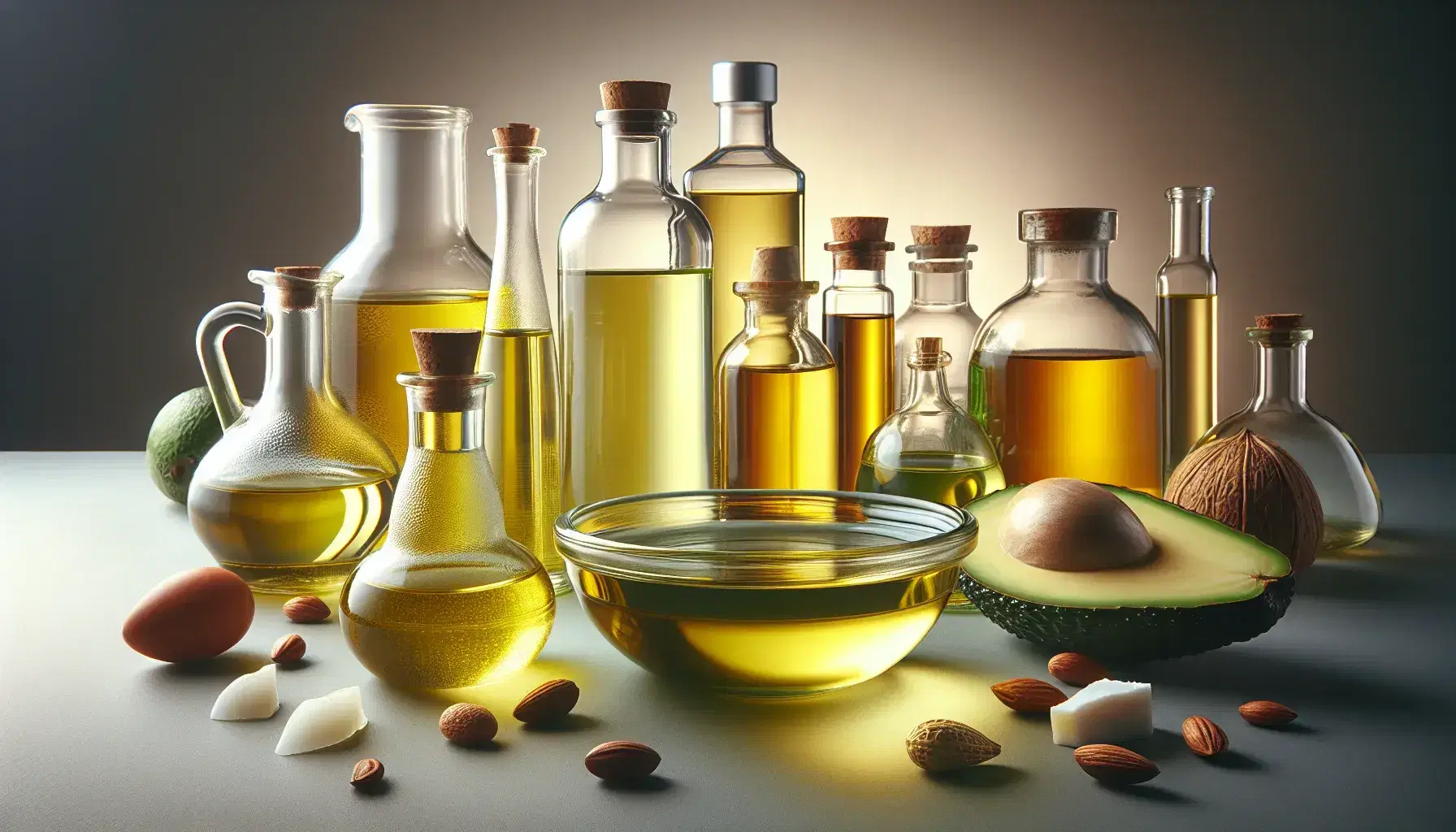 Assortment of oils and fats in glass containers on dark wooden surface, with olive oil in the foreground and variety of colors.
