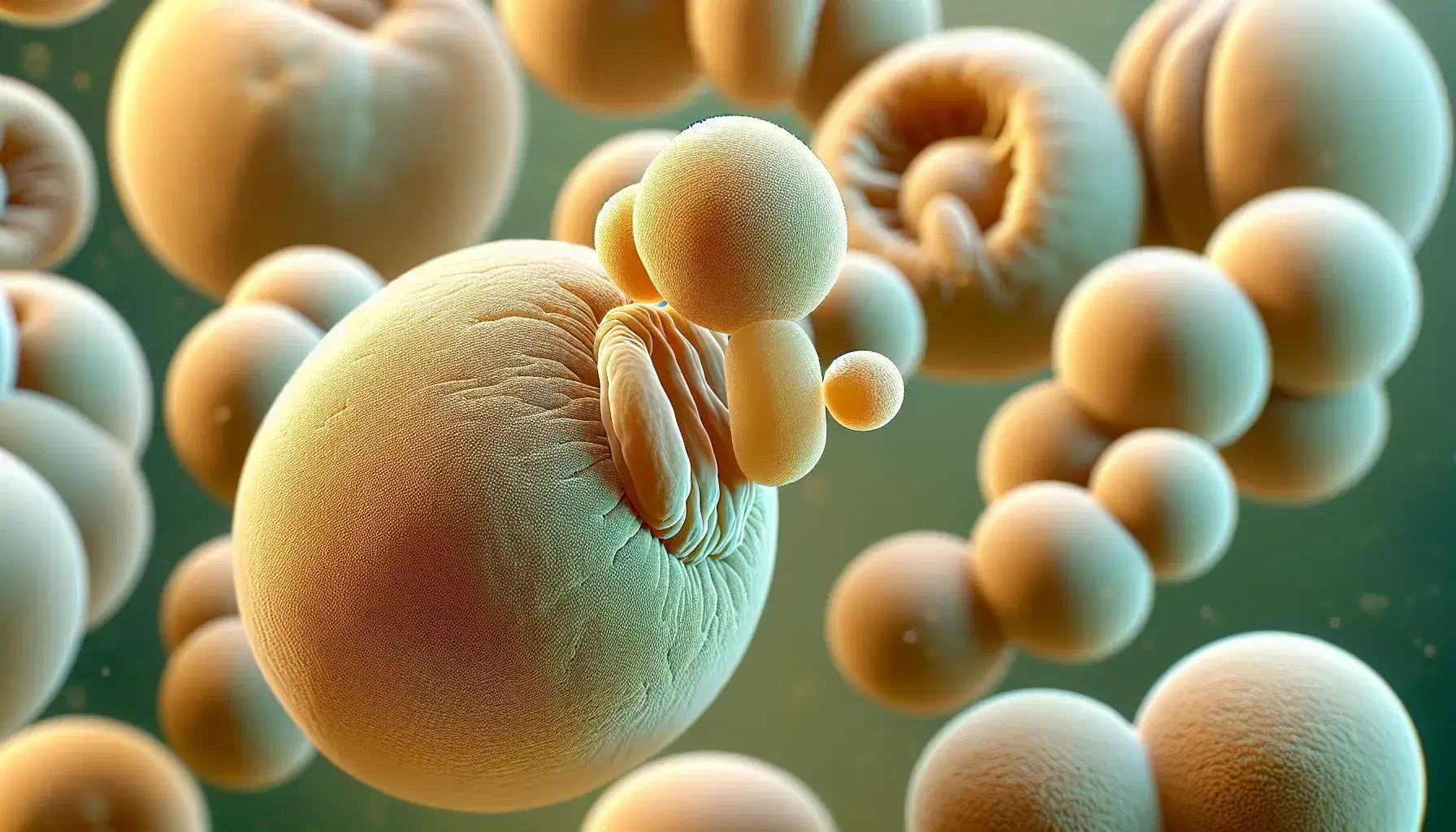 Close-up view of yeast cells in various budding stages, with a prominent cell and its smaller bud in sharp focus against a blurred background.
