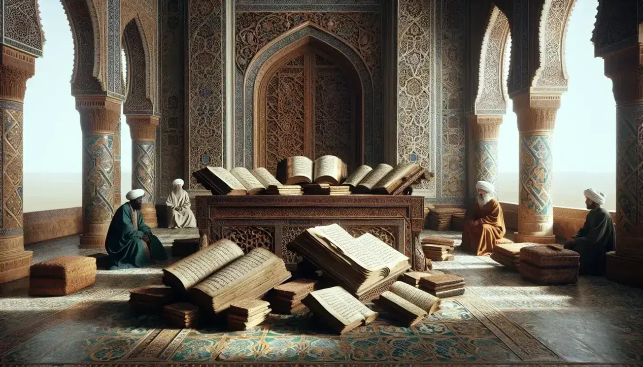 Medieval Islamic library interior with scholars studying, ornate wooden table with manuscripts, arched window, and bookshelves filled with ancient texts.