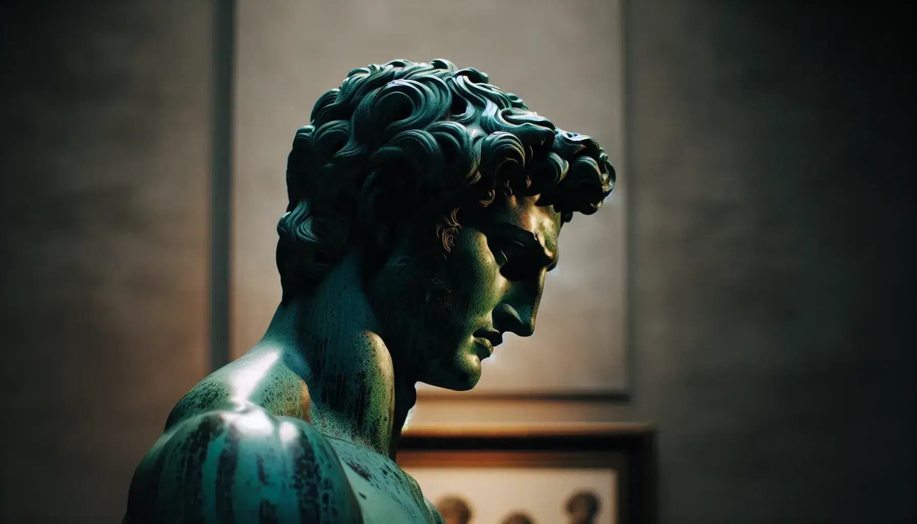 Bronzo di Riace in primo piano, profilo viso e torso muscoloso con patina verde, dettagli anatomici accentuati da luci e ombre.