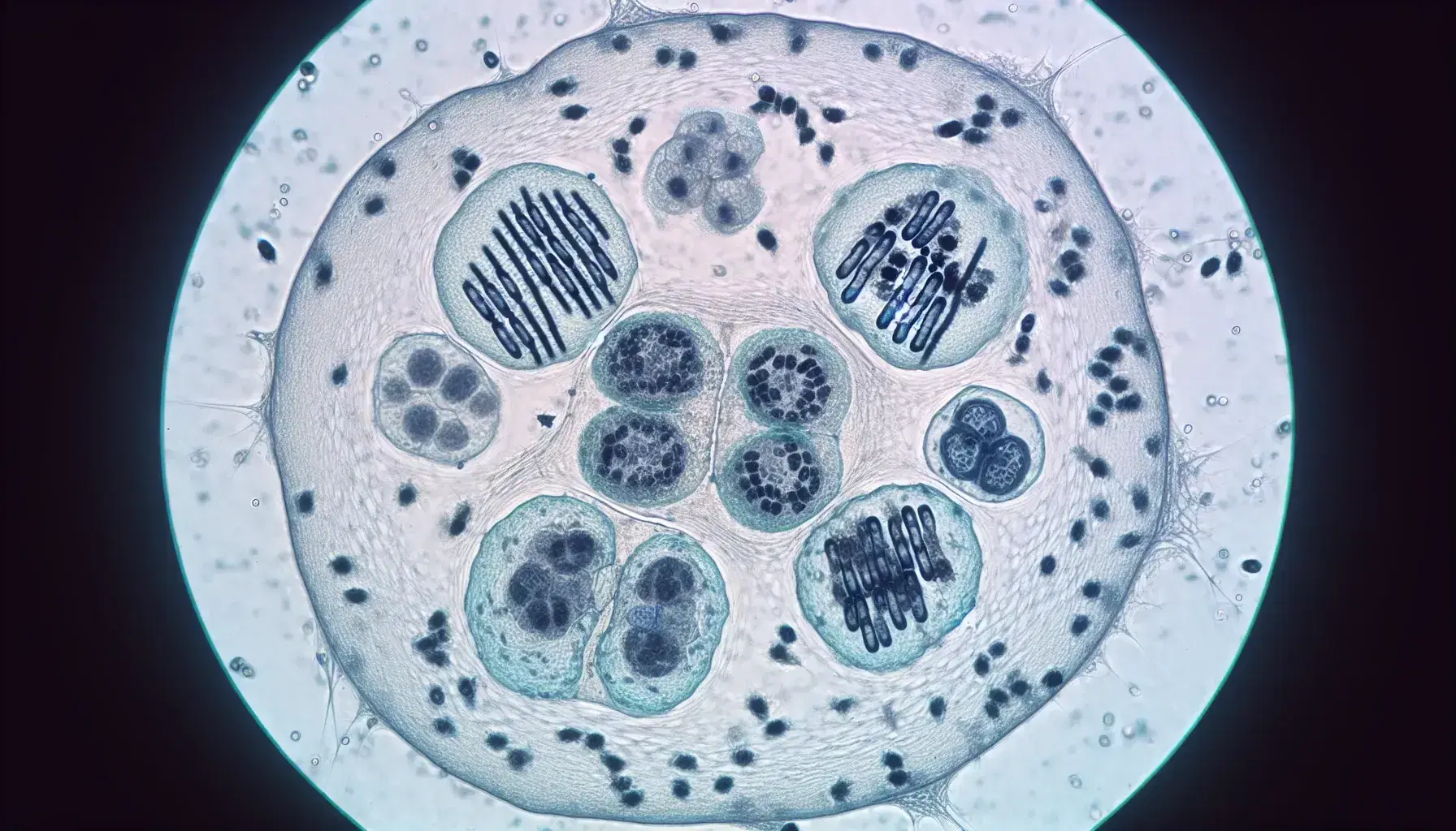 Células en diferentes etapas de mitosis bajo microscopio, mostrando prophase, metaphase, anaphase y telophase con cromosomas visibles y división citoplasmática.