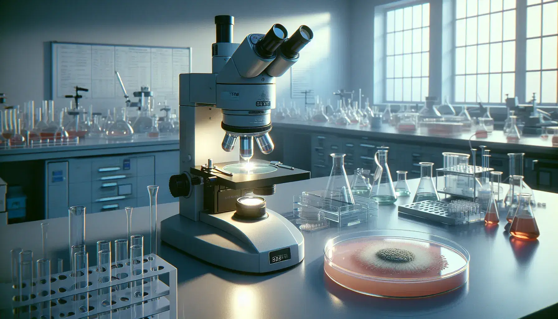 Microscopio elettronico a trasmissione in laboratorio con campione biologico illuminato, strumenti scientifici sul banco e colture batteriche in Petri.