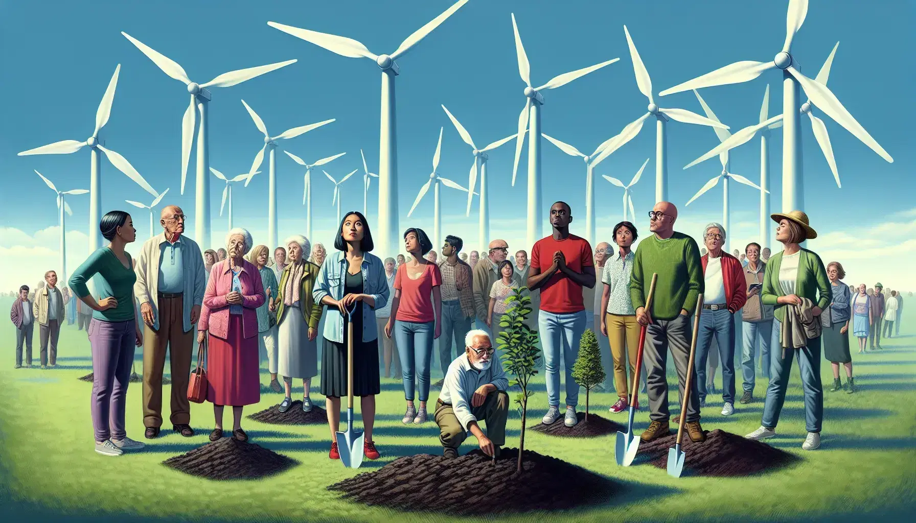 Multiethnic and intergenerational group in green field with wind turbines, planting trees under blue sky with scattered clouds.