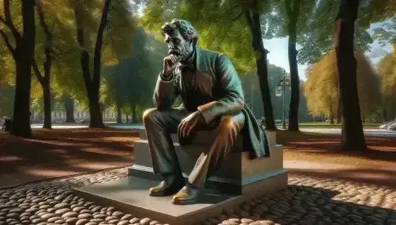 Statua in bronzo di uomo pensieroso con baffi folti seduto su panchina in parco autunnale, luce solare filtra tra foglie verdi e marroni.