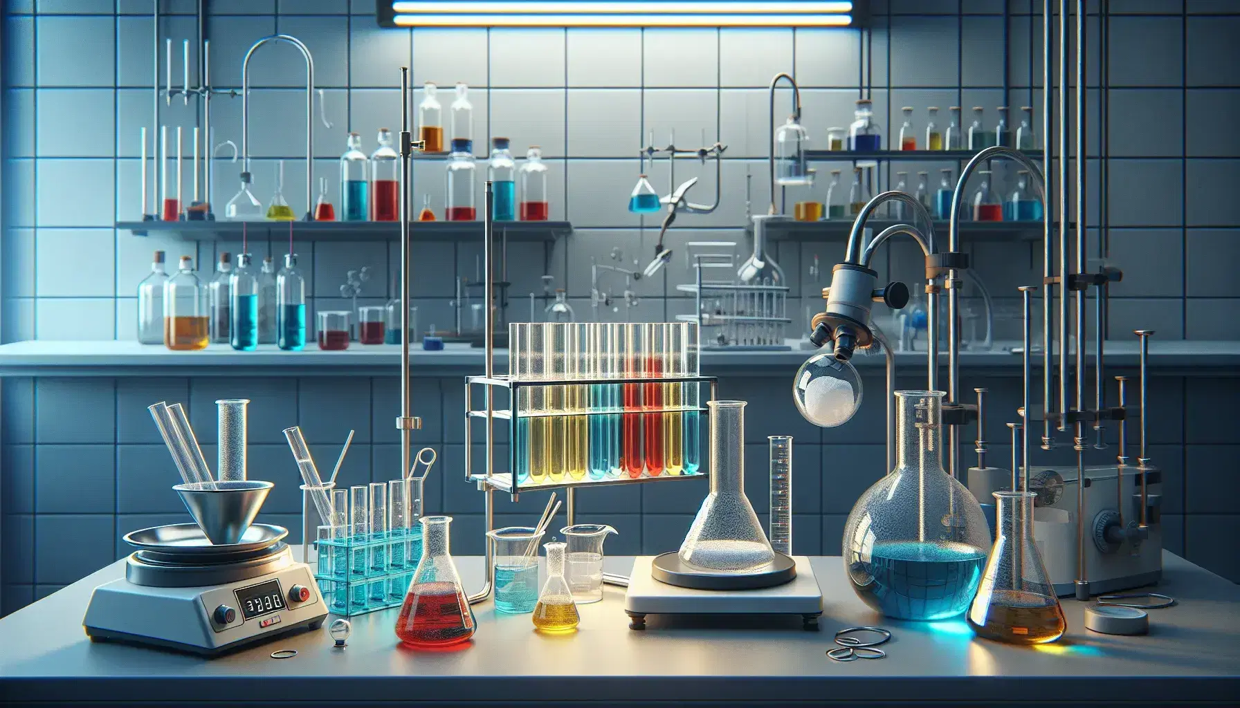 Laboratorio científico con tubos de ensayo de colores, matraz Erlenmeyer, balanza analítica y quemador Bunsen, sin personas.