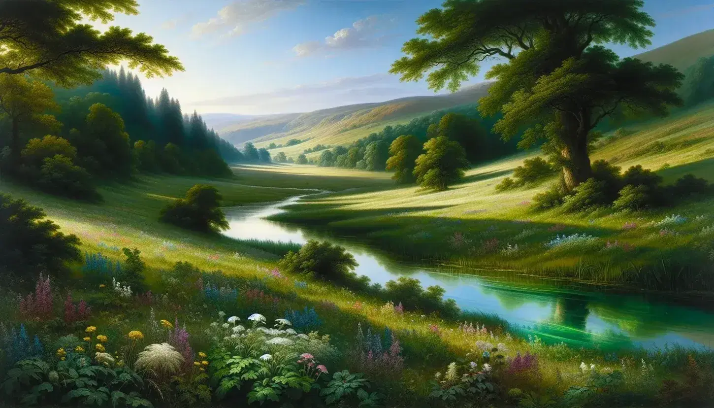 Serene Romantic-era inspired landscape with a meadow, winding stream, dense tree grove, rolling hills, and a gradient blue sky.