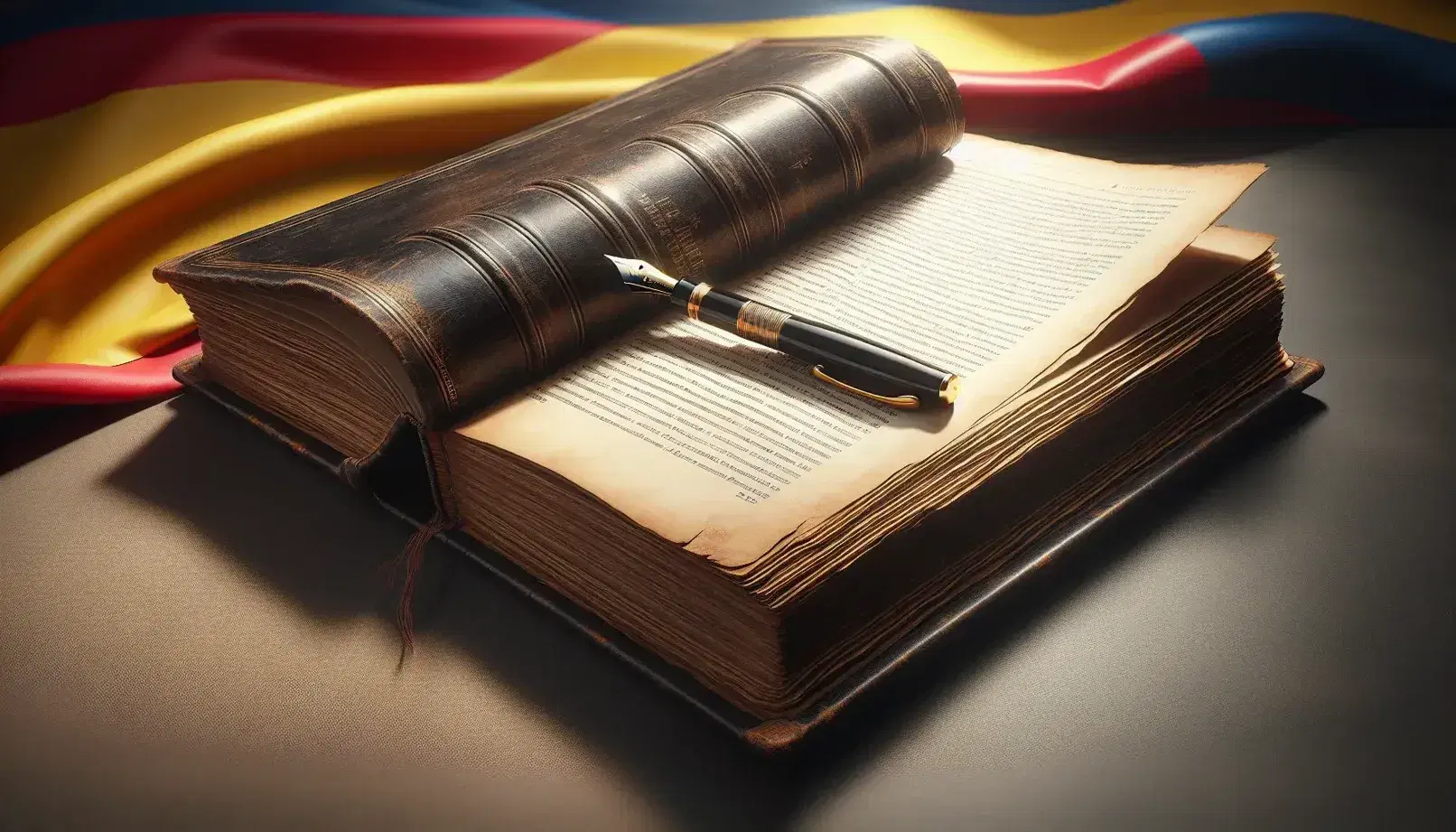 Libro antiguo de tapa de cuero marrón con páginas marfil y pluma fuente negra con detalles dorados sobre él, fondo desenfocado con bandera de Colombia.