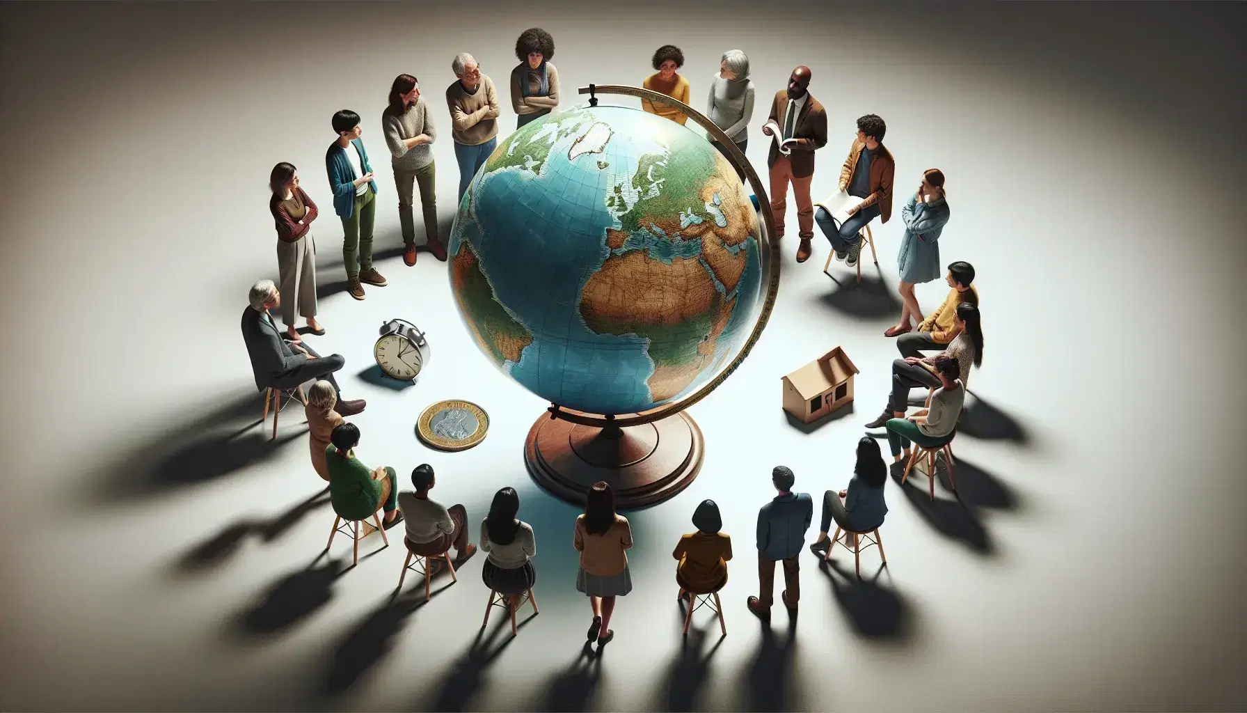 Multi-ethnic group in a circle discussing around a traditional world globe on a wooden pedestal, surrounded by social symbols on a neutral background.