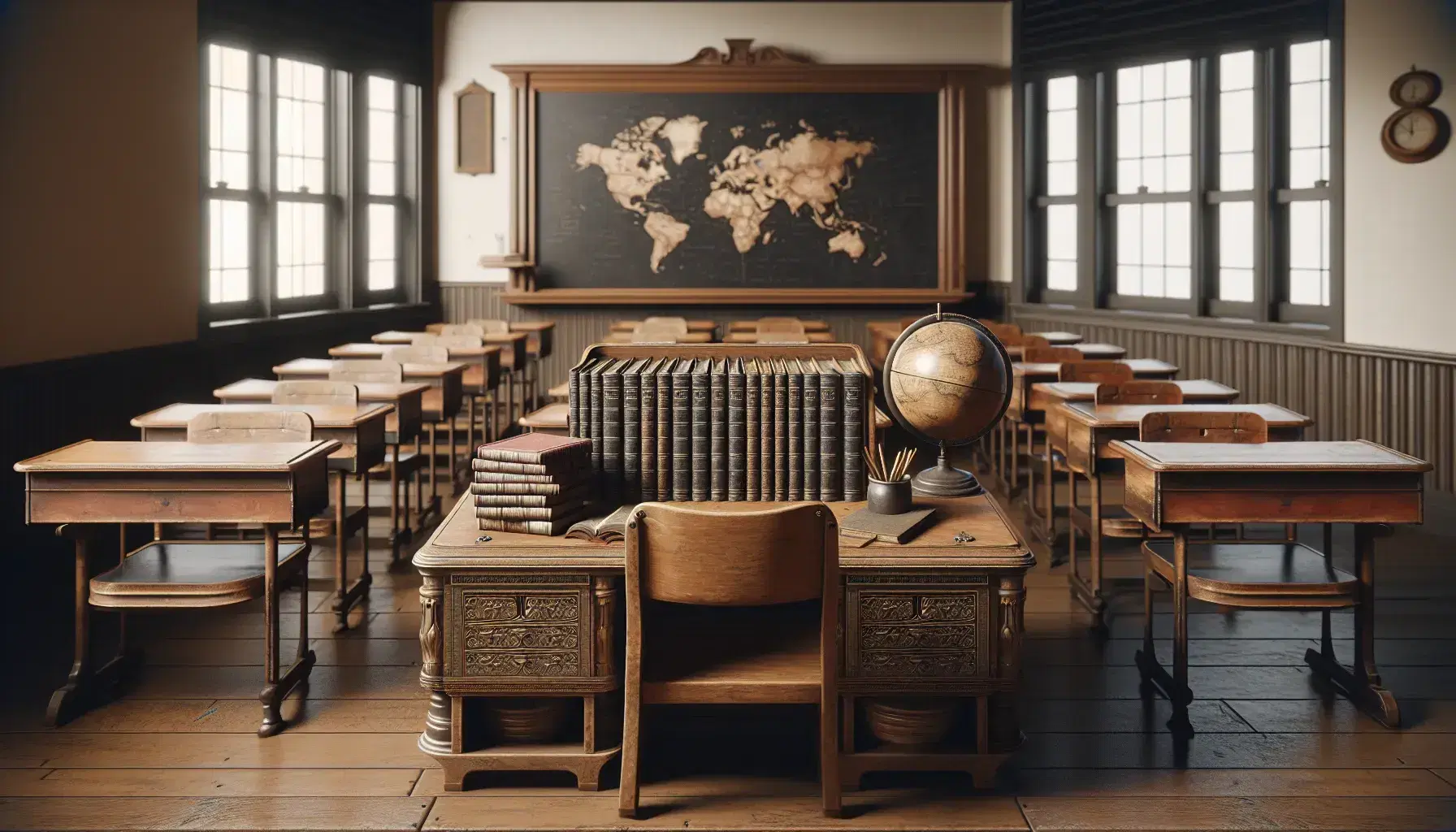 Vintage early 20th-century classroom with a wooden teacher's desk, leather-bound books, a clean chalkboard, a globe, and rows of student desks in sunlight.