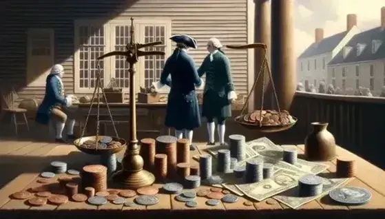 Late 18th century scene with wooden table, vintage coins and banknotes, two people transacting and scales with brass weights.