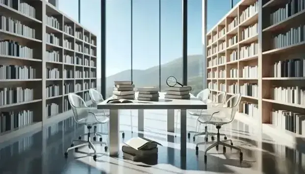 Biblioteca moderna y luminosa con estanterías de madera y libros variados, mesa blanca con sillas transparentes y lupa sobre libros abiertos, ventana grande con cielo azul.