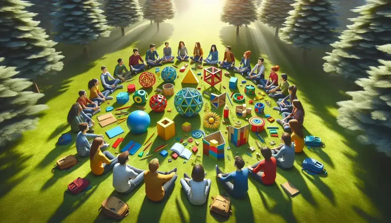 Grupo diverso de estudiantes sentados en círculo en un parque, interactuando con bloques de construcción y formas geométricas coloridas, en un entorno natural soleado.