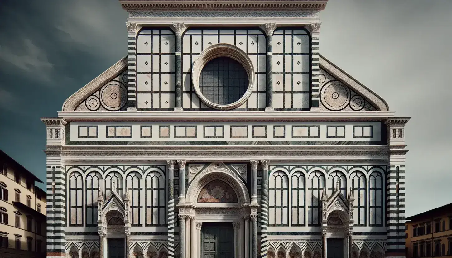 Facciata di Santa Maria Novella a Firenze con marmi bianchi e verdi, rosetta centrale e dettagli scultorei, sotto un cielo leggermente nuvoloso.