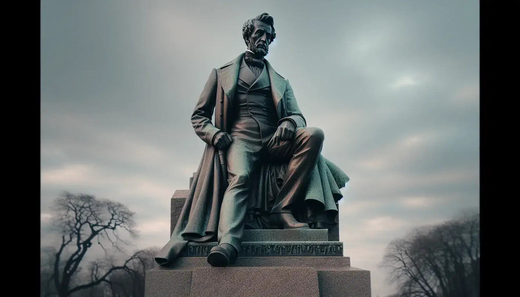 Statua in bronzo di uomo in uniforme militare d'epoca, posa pensierosa, su base di pietra grigia, sotto cielo nuvoloso.