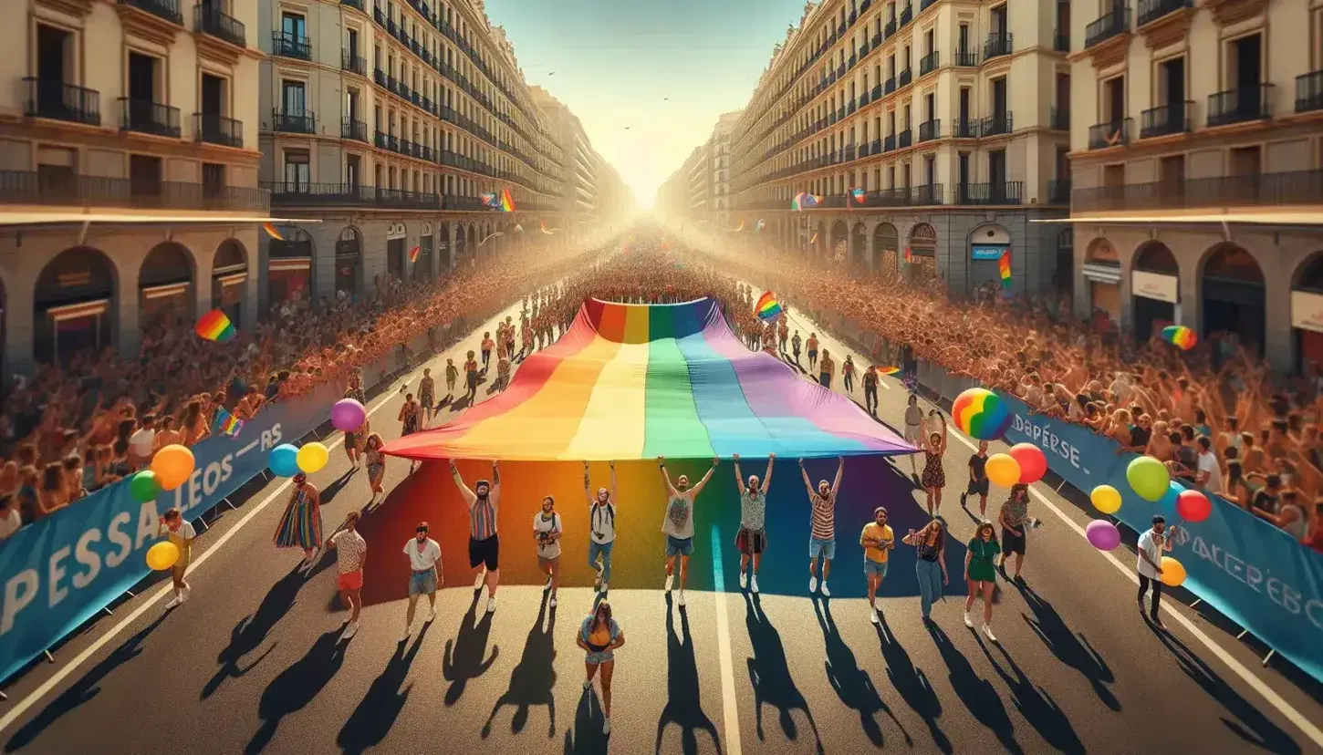 Pride parade in Spain with diverse crowd carrying large rainbow flag, surrounded by traditional European buildings under a clear blue sky.