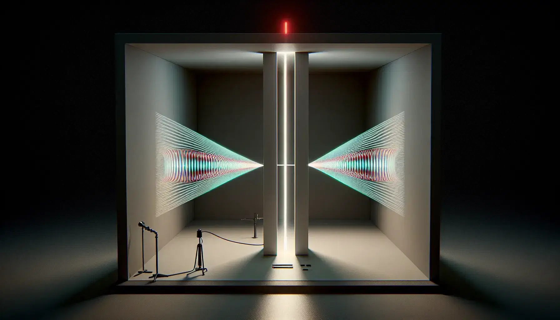 Double-slit experiment showing wave interference with a laser beam creating an alternating pattern of bright and dark bands on a screen.