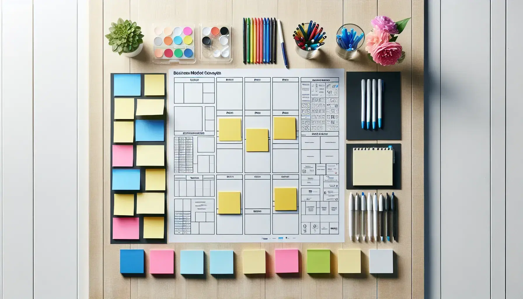 Mesa de trabajo con elementos para diseño de modelo de negocio, incluyendo papel con matriz de Business Model Canvas en blanco, notas adhesivas de colores, bolígrafos, tarjetas y planta decorativa.