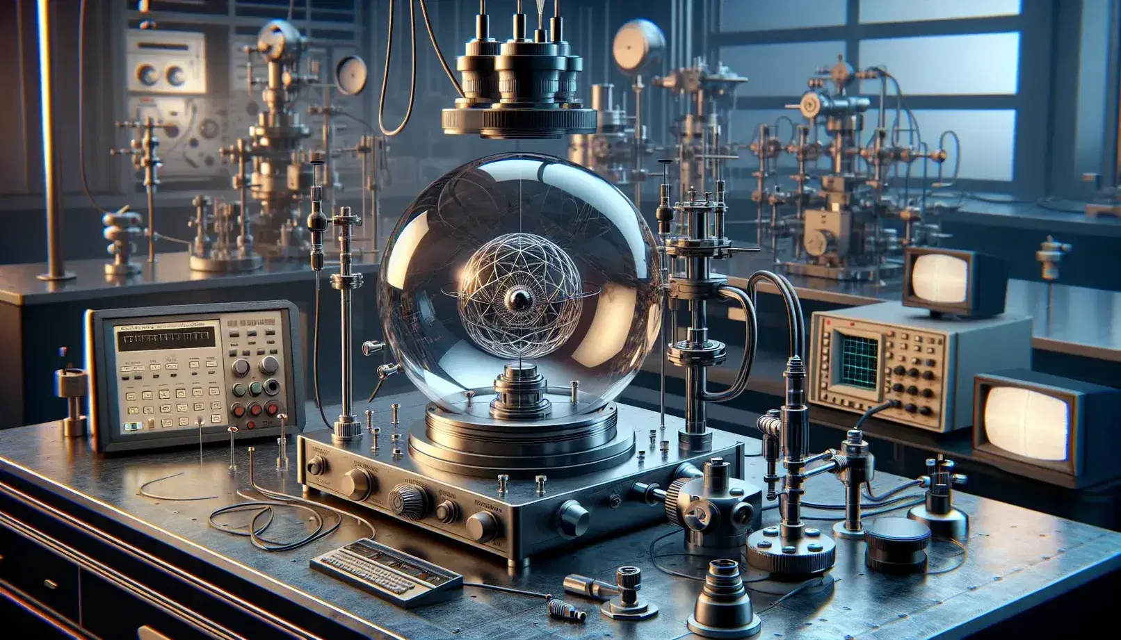 Laboratory with vacuum apparatus, optical bench with lenses and mirrors, oscilloscope, and shelves of glassware in a quantum mechanics research setting.
