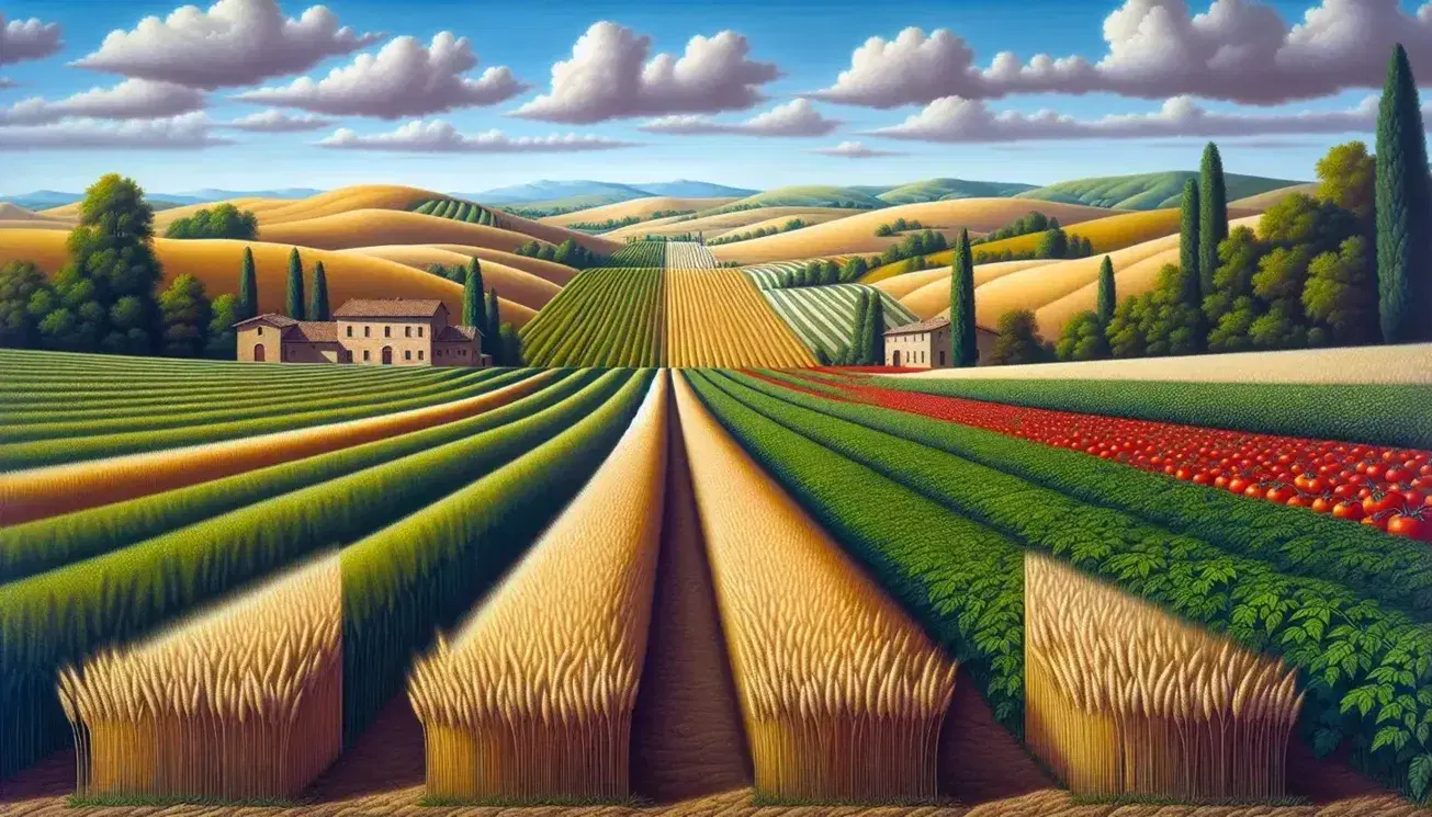 Paesaggio emiliano-romagnolo con campi coltivati a strisce di grano dorato, pomodori rossi e prato verde, colline e casolare con tetti rossi.