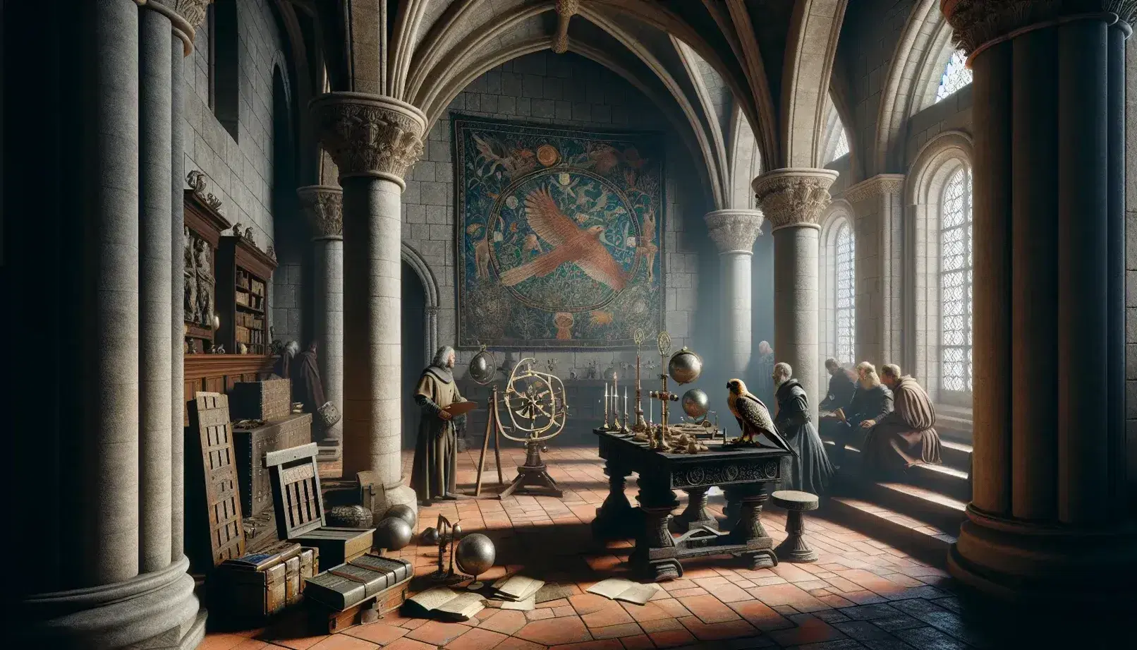 Scena medievale in castello con persone in costume attorno a tavolo con strumenti astronomici, falcone su trespolo e trono vuoto.