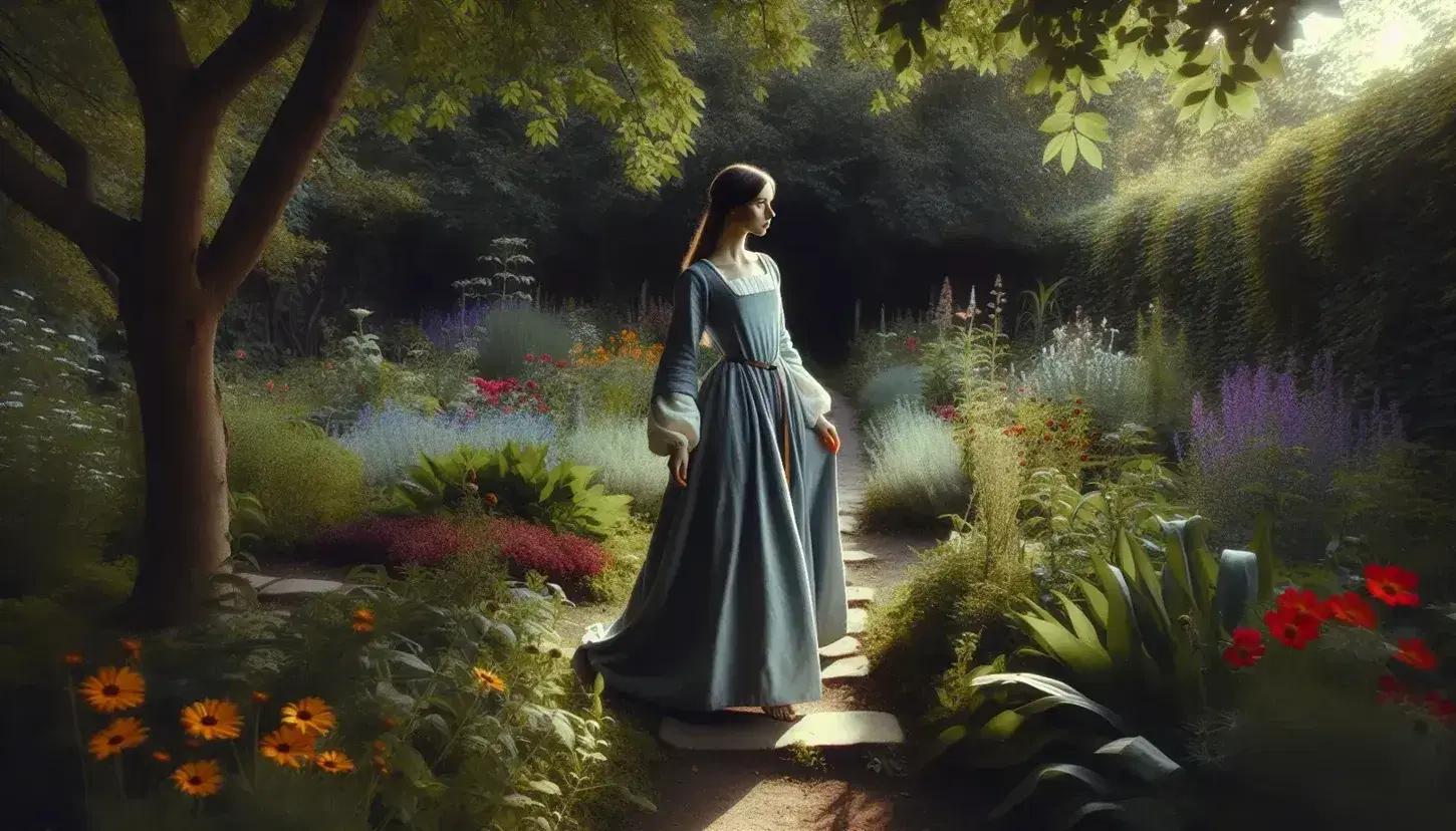 Donna medievale in abito azzurro cammina in giardino fiorito, con luce solare che filtra tra le foglie.