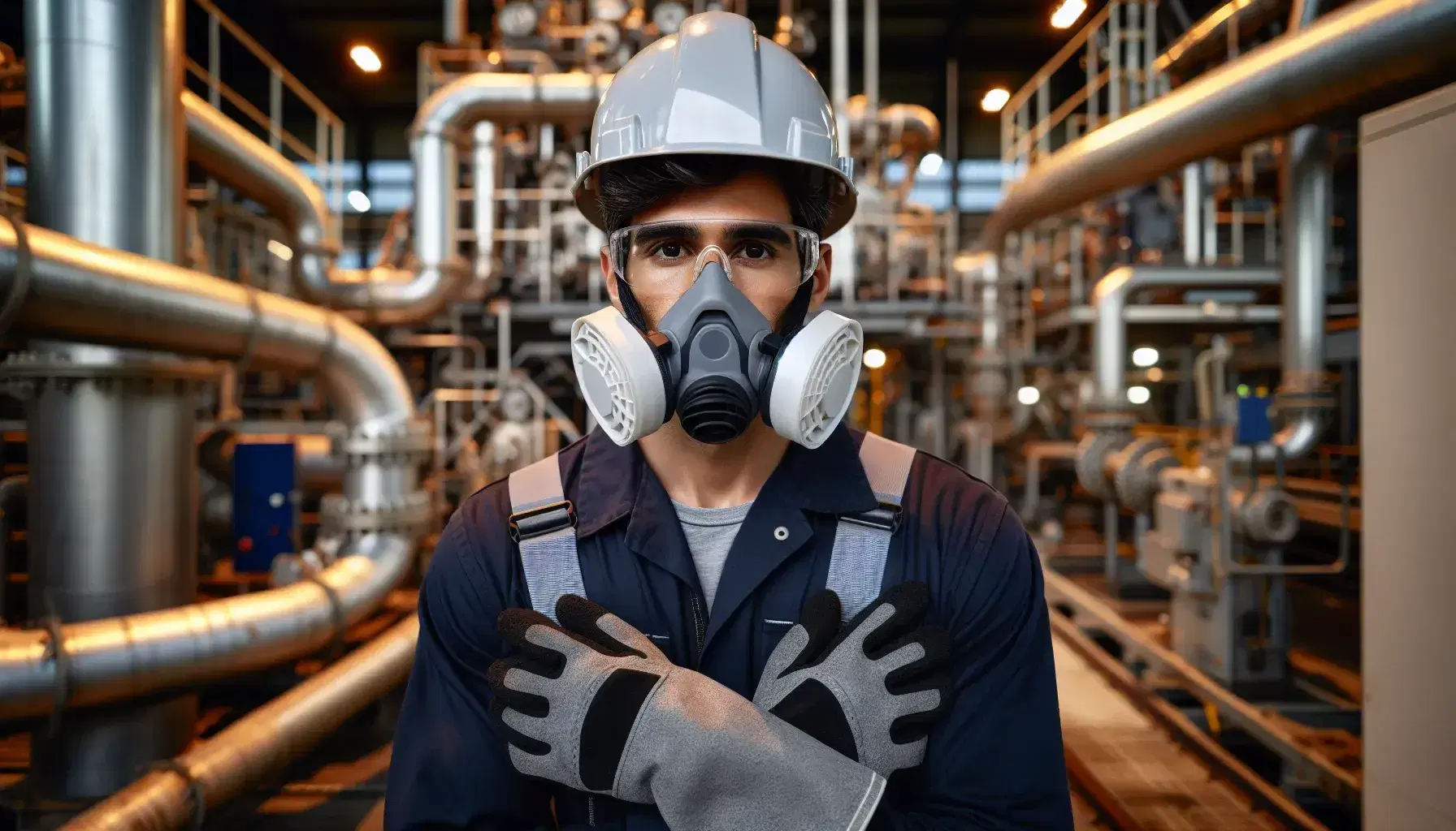 Trabajador hispano con casco, gafas de seguridad y mascarilla en entorno industrial con maquinaria y tuberías metálicas.