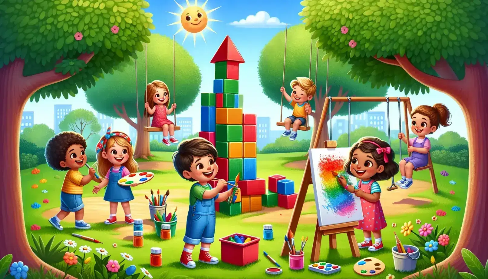 Niños jugando en parque soleado, uno construye torre con bloques coloridos, otro pinta en caballete y dos en columpio, rodeados de árboles y césped verde.