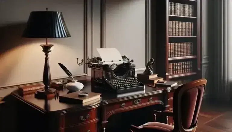 Escritorio de madera oscura con máquina de escribir antigua y tintero de porcelana, silla tapizada en terciopelo rojo oscuro y lámpara de pie, en una habitación iluminada naturalmente con estantería de libros encuadernados en cuero y escultura de bronce.