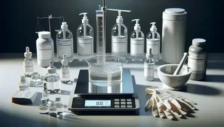 Mesa de laboratorio con elementos para fabricar gel antibacterial, incluyendo un contenedor con gel, botellas con líquidos de colores, mortero, balanza digital y guantes de látex.