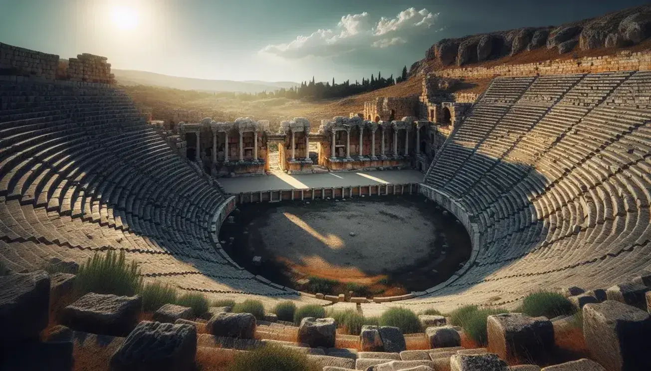 Anfiteatro griego antiguo en ruinas con orquesta circular y gradas de piedra semicirculares bajo cielo azul claro.