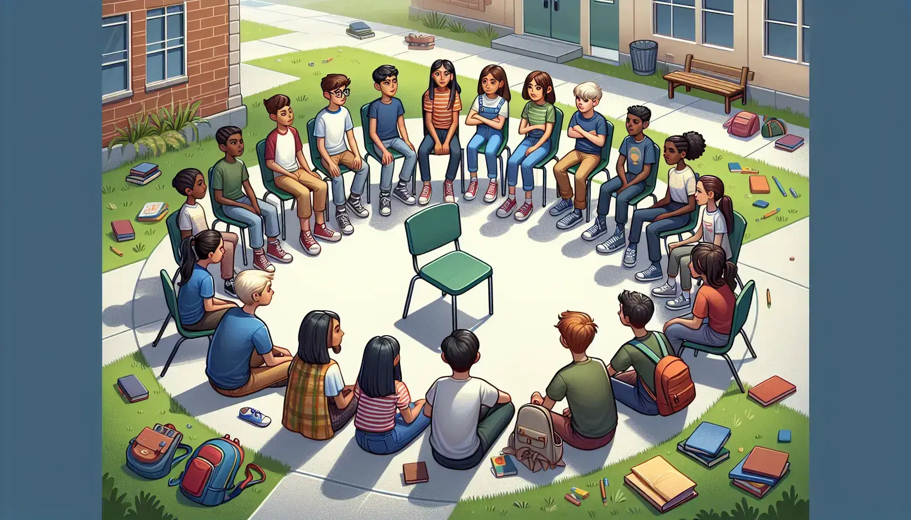 Group of multi-ethnic students standing in a circle for a discussion at school, with an empty chair in the center, backpacks and books around, under a blue sky.