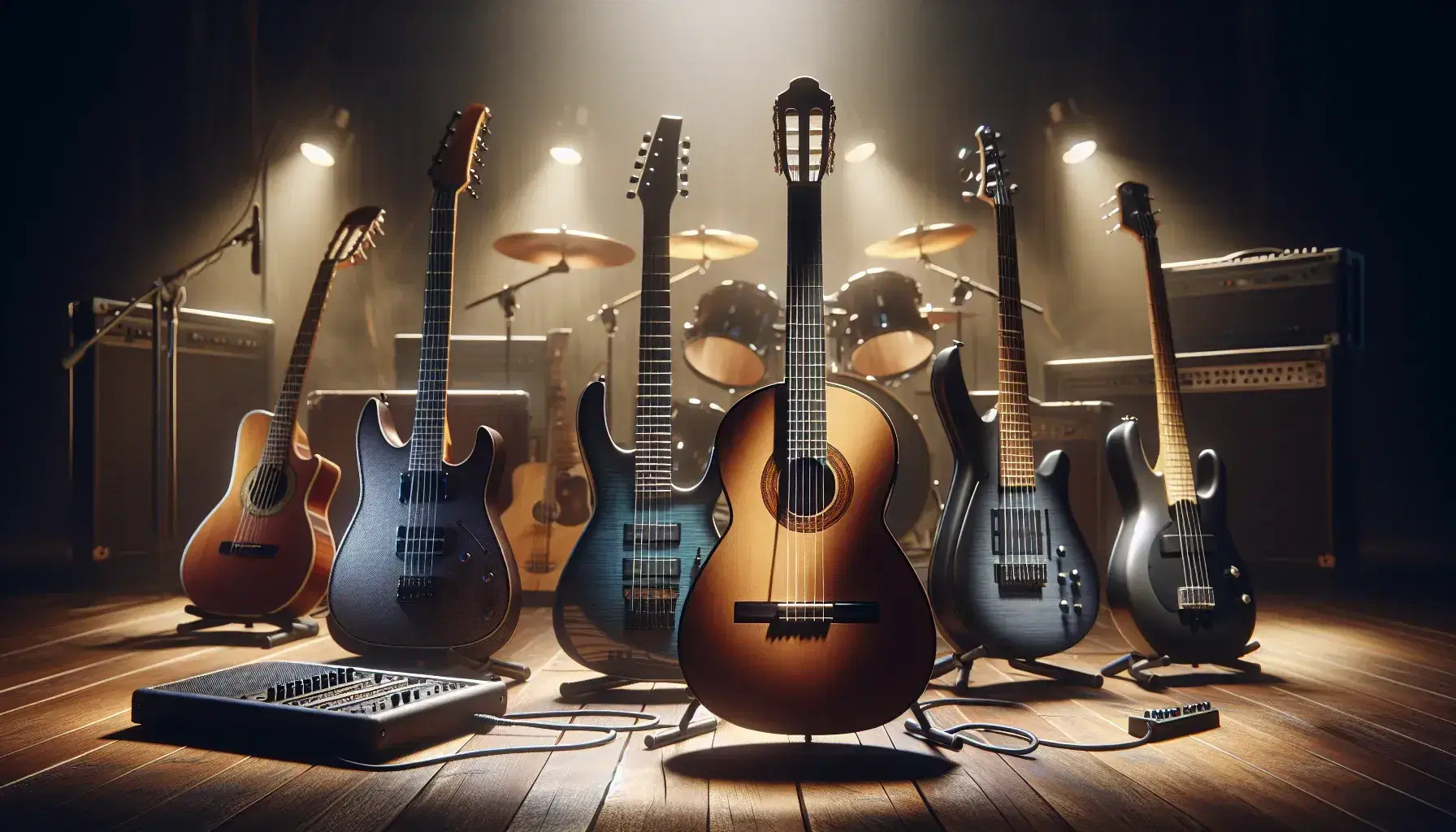 Chitarra classica, chitarra elettrica blu e basso elettrico nero su palco in legno con amplificatore sfocato e microfono sullo sfondo.