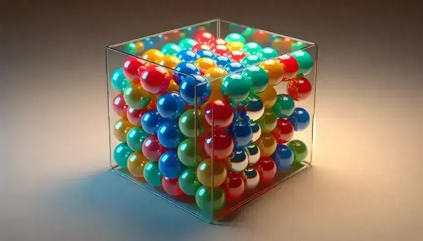 Esferas de colores brillantes simulando moléculas de gas en movimiento dentro de un recipiente transparente, reflejando luz y distribuidas aleatoriamente.