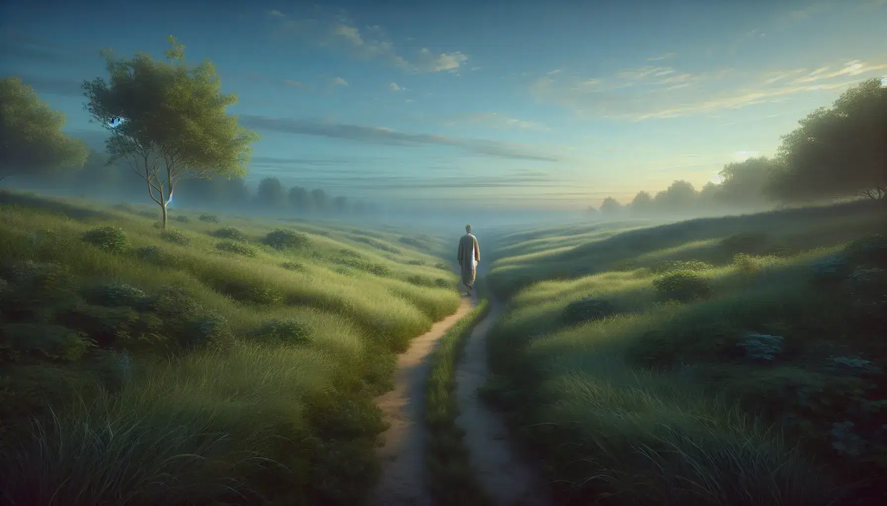 Winding path in peaceful landscape with walking person, green grass, trees and blue sky with scattered clouds.