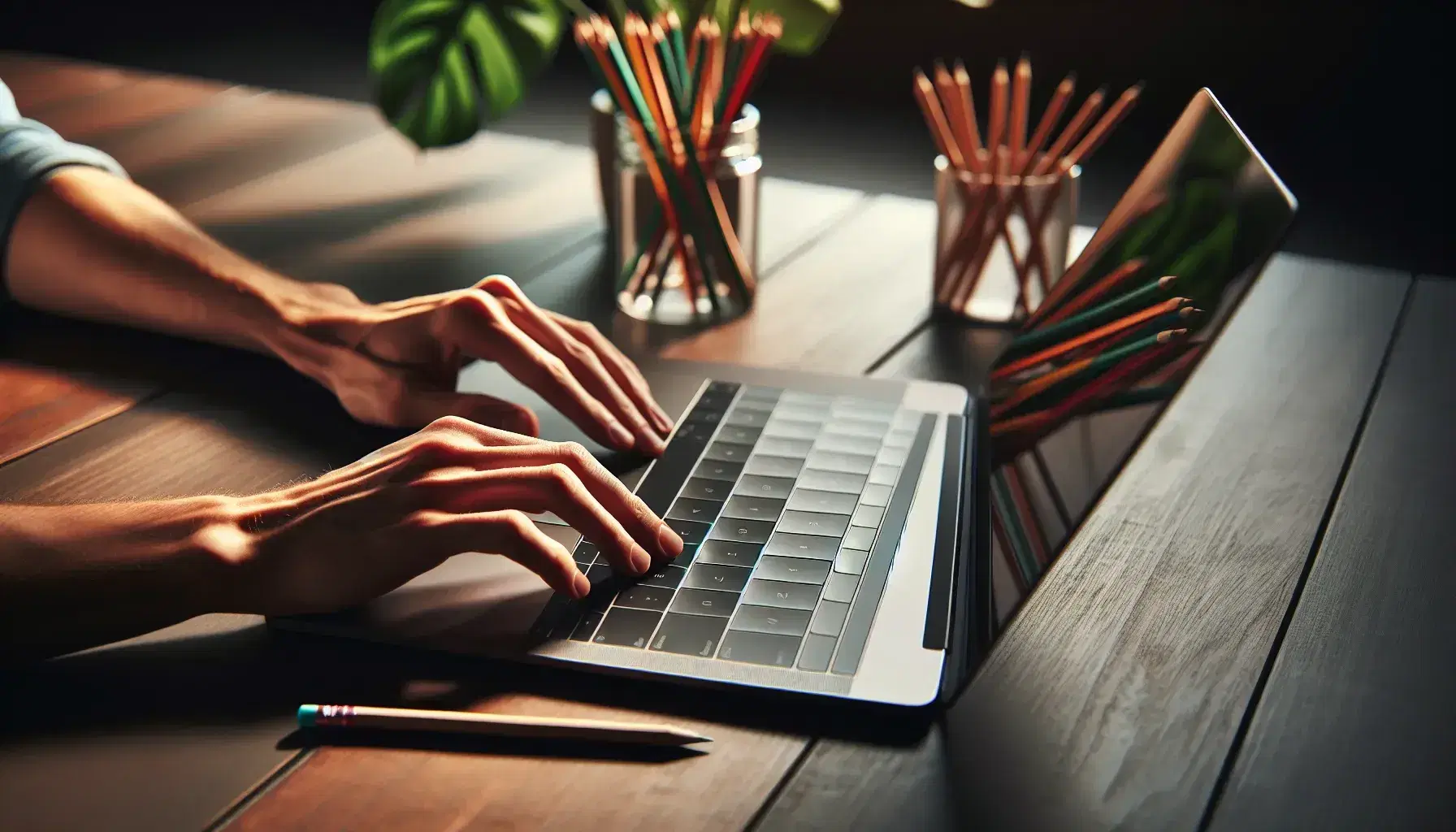 Close-up of hands typing on laptop keyboard on dark wooden desk, beside glass with colored pencils, blurry plants in background.