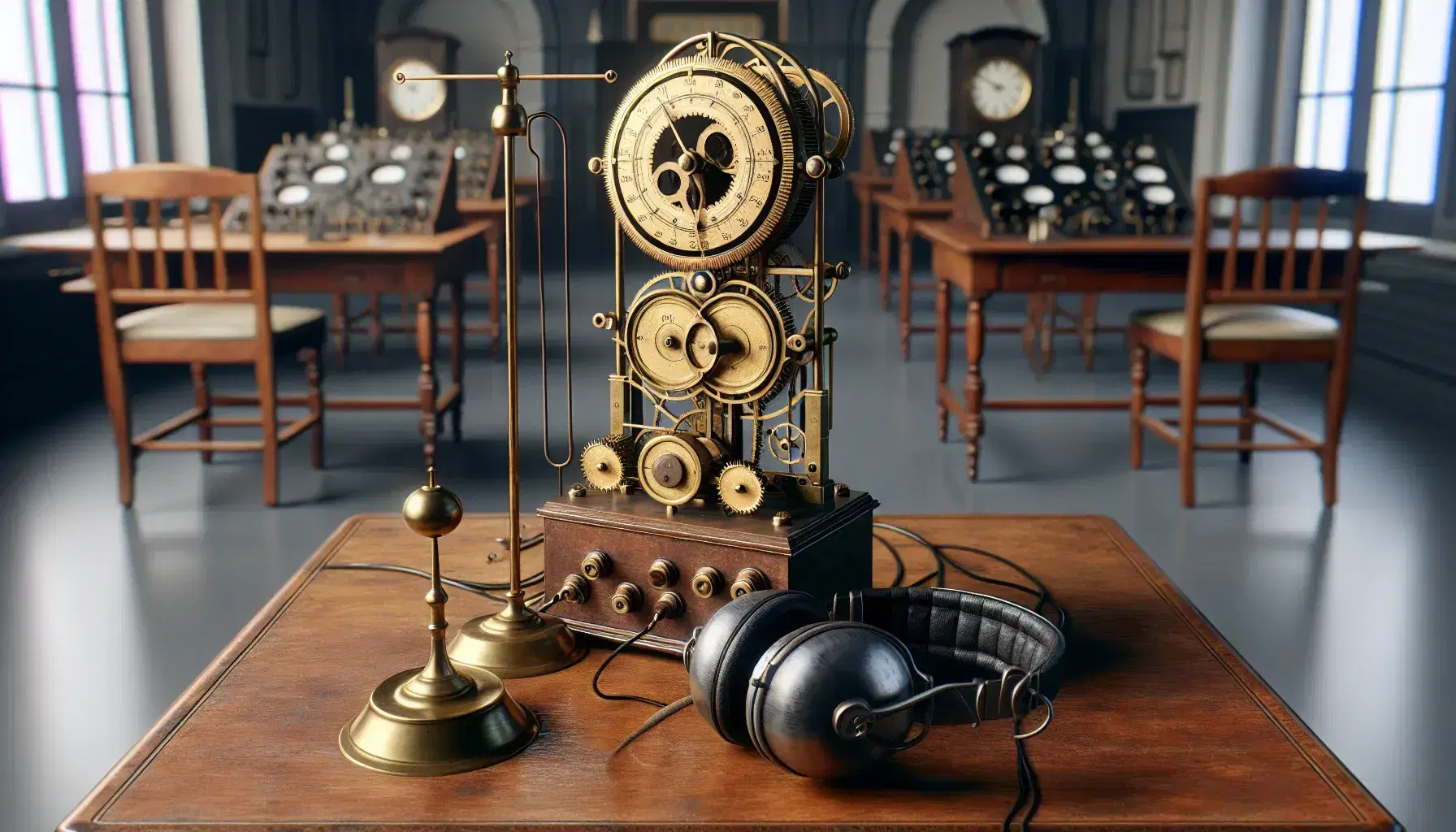 Historical psychological laboratory with brass chronoscope on wooden table, headphones and antique audiometer, moving pendulum and attentive human figure.