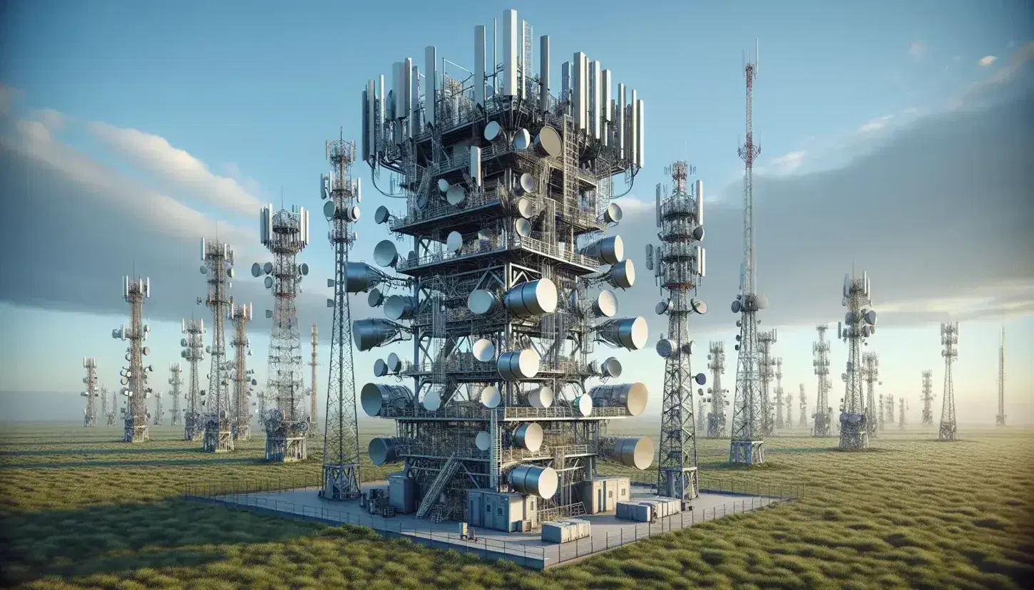 Torres de telecomunicaciones metálicas de distintas alturas con antenas y platos en campo abierto, cielo azul con nubes dispersas.