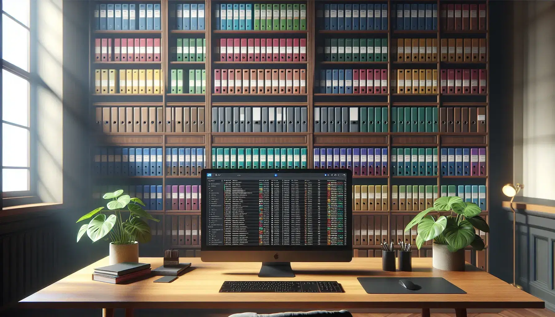 Biblioteca con estanterías de madera oscura llenas de carpetas coloridas, mesa con ordenador y planta verde, ambiente iluminado suavemente.