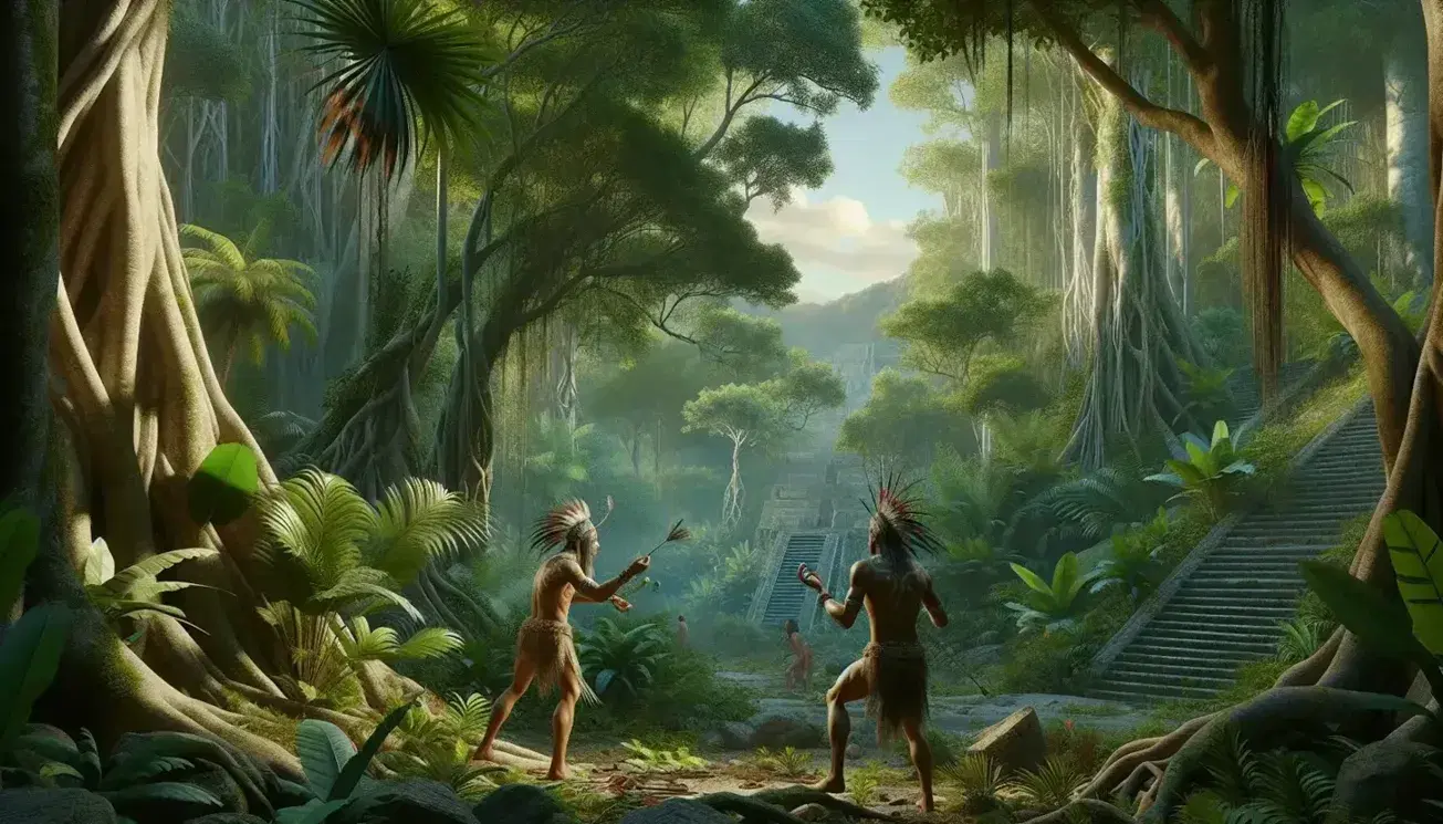 Selva tropical con dos hombres indígenas jugando con una esfera frente a ruinas antiguas, bajo un dosel de árboles y luz solar filtrada.