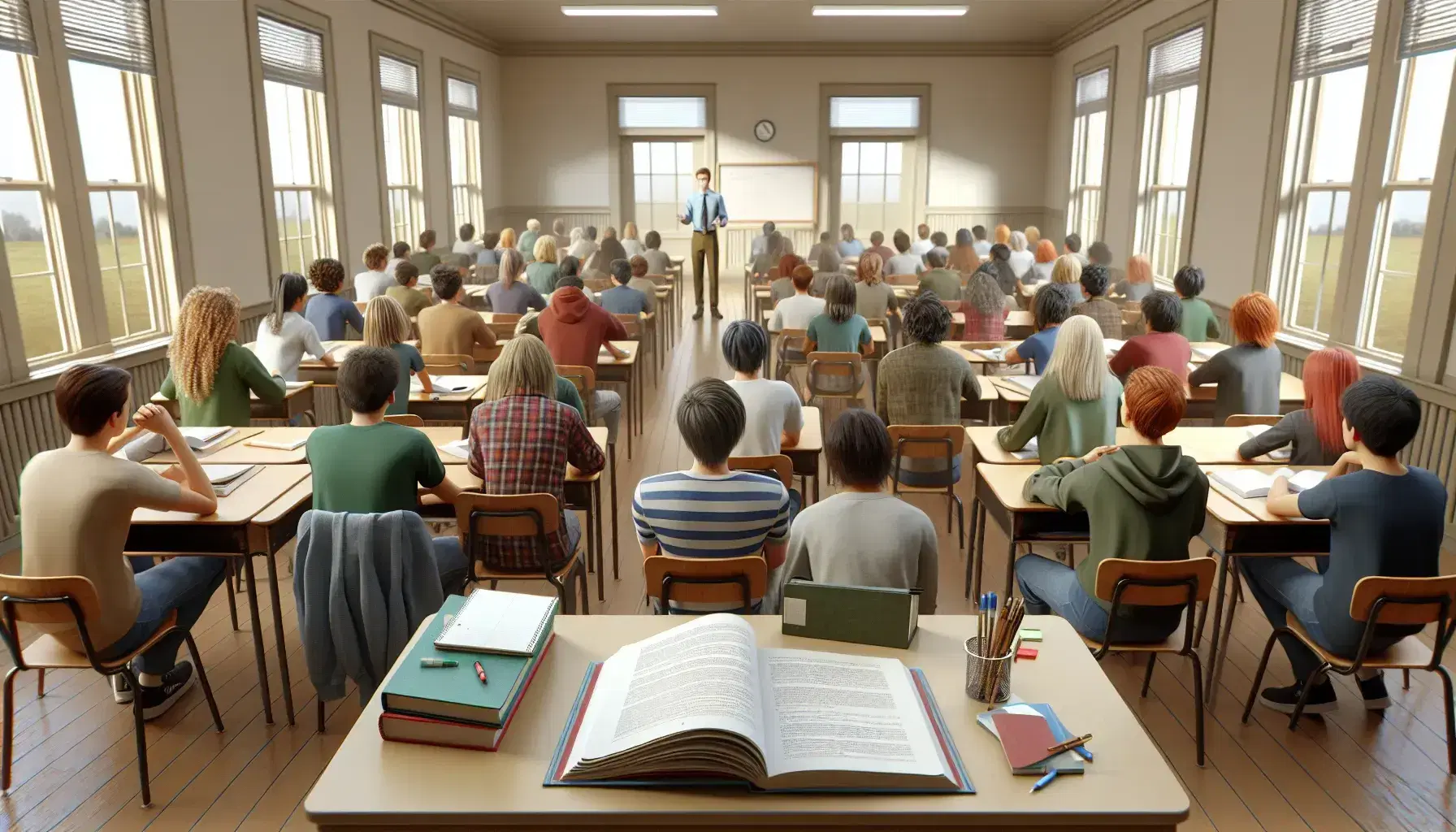 Diverse students in a semi-circle classroom attentively engage with a gesturing teacher, with notebooks and textbooks on desks, in a well-lit room.