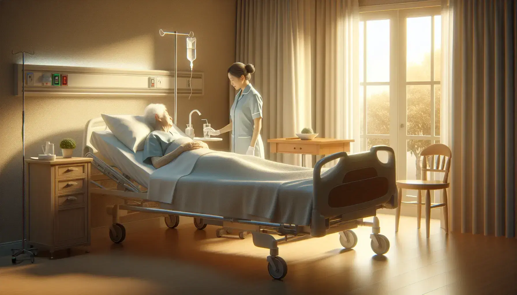 Paciente anciano recostado en cama de hospital con enfermera ofreciendo agua, habitación iluminada por luz natural, ambiente de cuidado y atención.